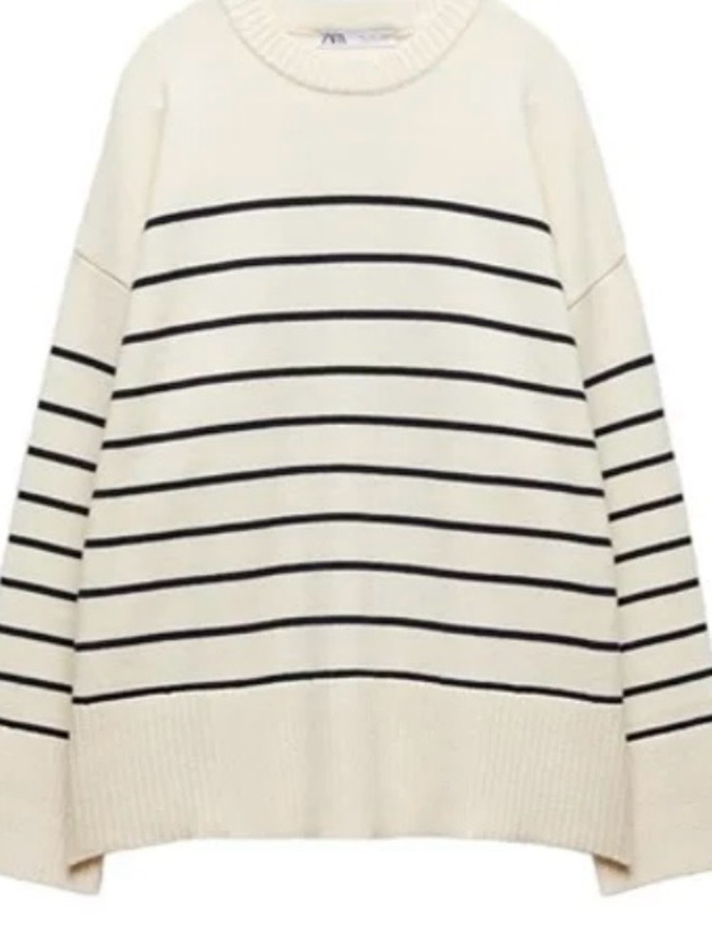 Zara Cream Crewneck Sweater with Black Stripes